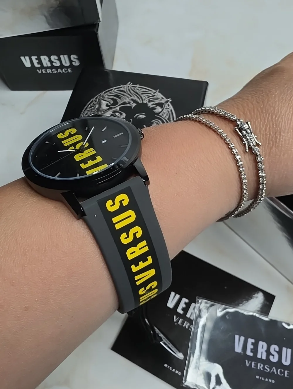 Versace versus barbes watch yellow and grey rubber with metal  New In Box